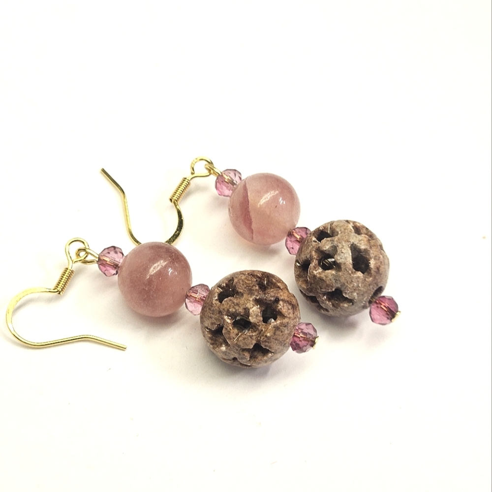 Handmade Earrings Strawberry Quartz and Soapstone Beaded Earrings - Picture 4 of 6